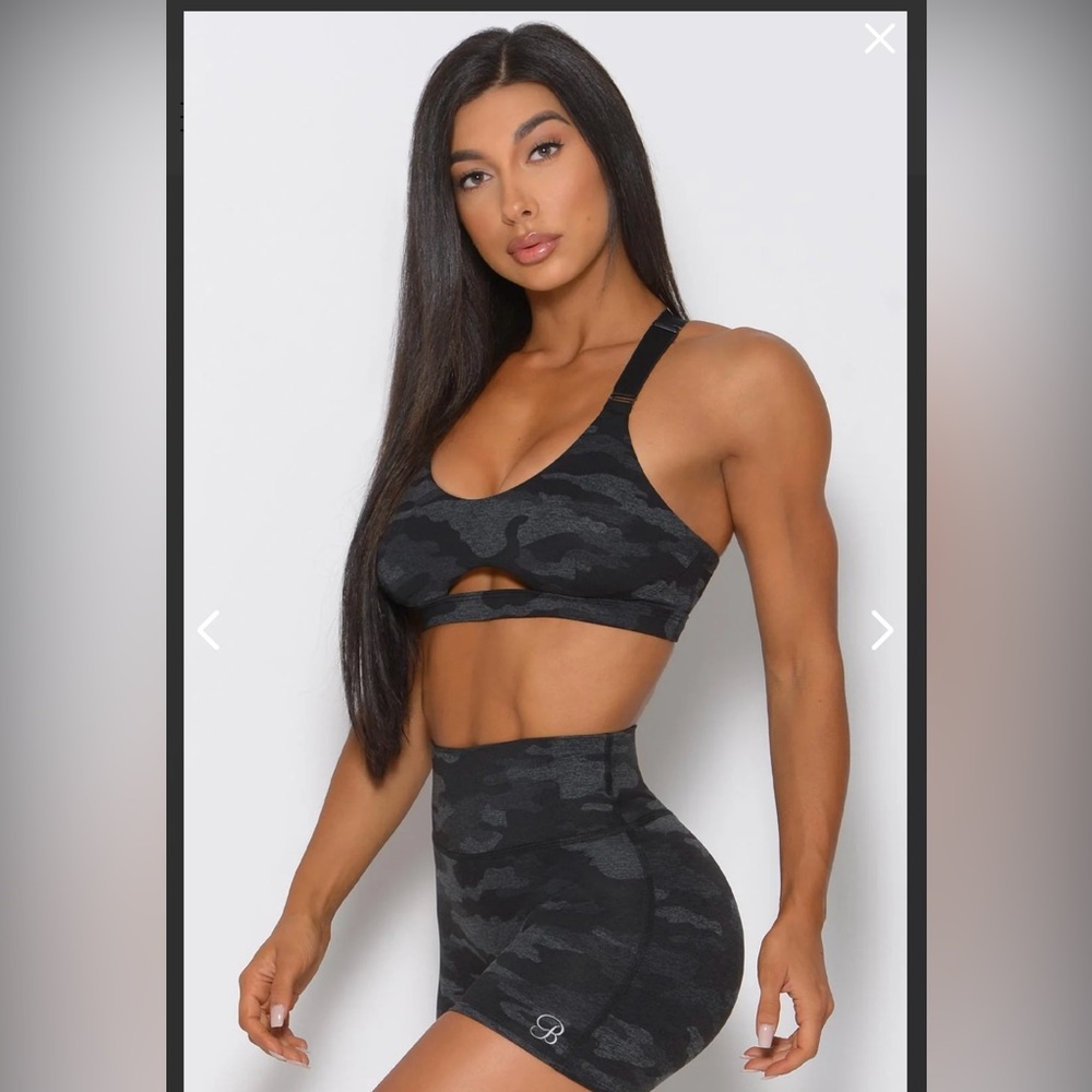 SOLD OUT Bombshell Sportswear Charcoal/Black Camo Sports Bra & Shorts SMALL NWT